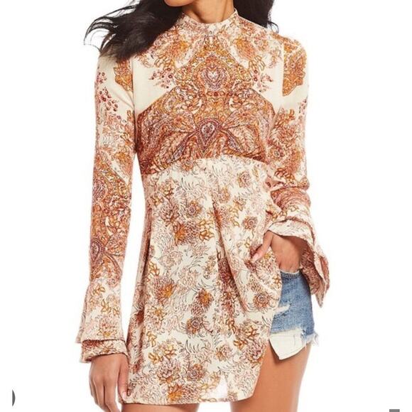 FREE PEOPLE Lady Luck Bell Sleeve Print Tunic or Mini Dress In Ivory Size XS - Picture 1 of 9